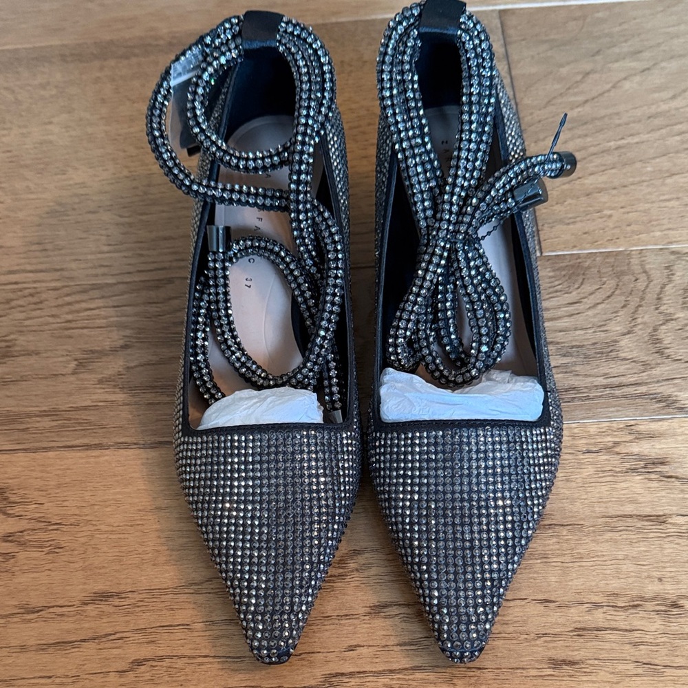 Zara Black Rhinestone Pointed-Toe Lace-Up small heel